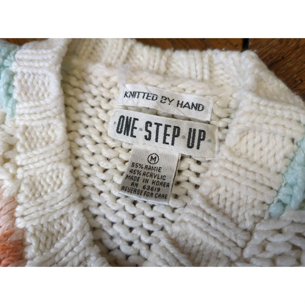 One Step Up Cardigan Sweater Sz MED Hand Knit Pastels Hearts Chunky Cable Knit - Picture 5 of 13